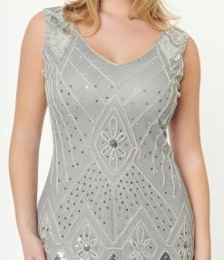 Unique Vintage 1920s Grey & Silver Sequin Lina Flapper Dress