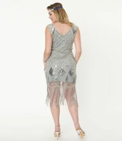 Unique Vintage 1920s Grey & Silver Sequin Lina Flapper Dress