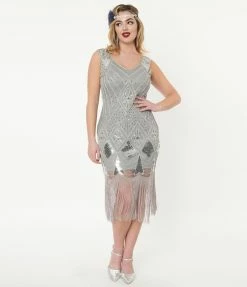 Unique Vintage 1920s Grey & Silver Sequin Lina Flapper Dress