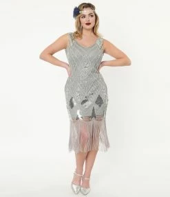 Unique Vintage 1920s Grey & Silver Sequin Lina Flapper Dress