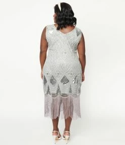 Unique Vintage Plus Size 1920s Grey & Silver Sequin Lina Flapper Dress Flapper Dresses