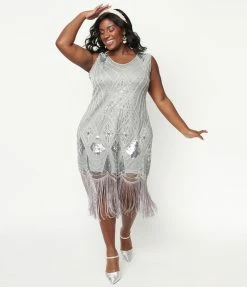 Unique Vintage Plus Size 1920s Grey & Silver Sequin Lina Flapper Dress Flapper Dresses