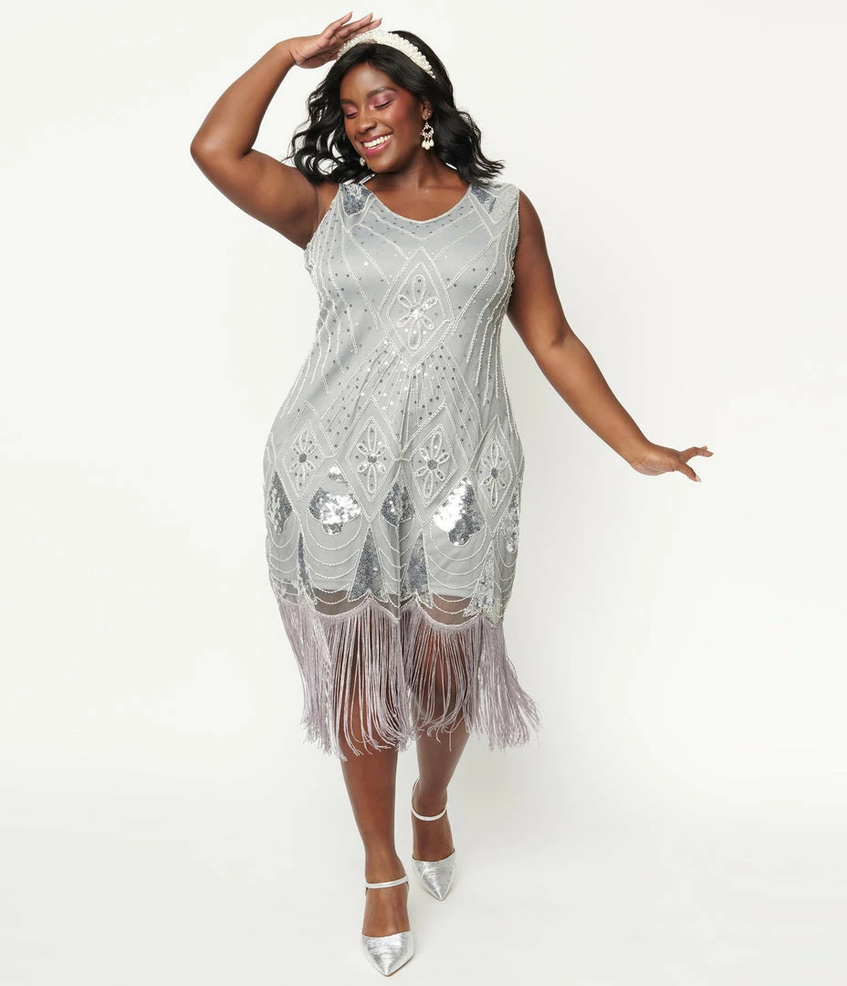 Unique Vintage Plus Size 1920s Grey & Silver Sequin Lina Flapper Dress Flapper Dresses