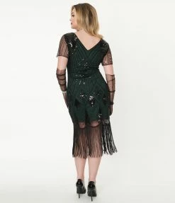 Unique Vintage 1920s Emerald & Black Sequin Katriane Flapper Dress Clothing