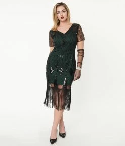 Unique Vintage 1920s Emerald & Black Sequin Katriane Flapper Dress Clothing