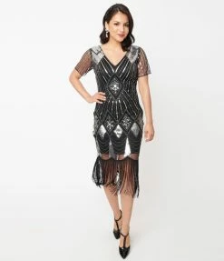 Unique Vintage 1920s Silver Sequin & Black Fringe Katriane Flapper Dress Sale