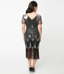 Unique Vintage 1920s Silver Sequin & Black Fringe Katriane Flapper Dress Sale