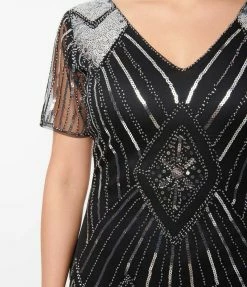 Unique Vintage 1920s Silver Sequin & Black Fringe Katriane Flapper Dress Sale