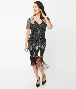 Unique Vintage 1920s Silver Sequin & Black Fringe Katriane Flapper Dress Sale
