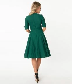 Unique Vintage Emerald Green Delores Swing Dress With Sleeves