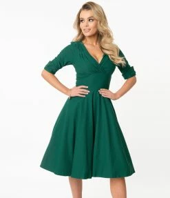 Unique Vintage Emerald Green Delores Swing Dress With Sleeves