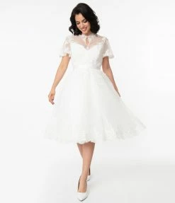 Unique Vintage Off White Lace Nico Bridal Swing Dress
