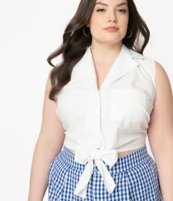 Unique Vintage Plus Size White Tie Marsha Crop Top