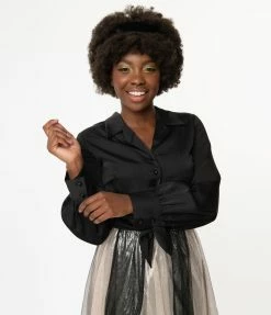 Lifestyle Group (UK) Ltd Sale Retro Black Suave Crop Tie Blouse