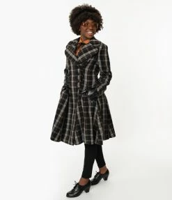 Sale Hell Bunny Black & Ivory Plaid Brooklyn Coat