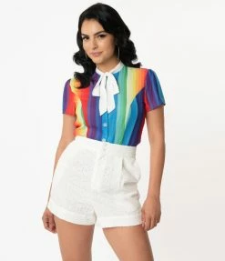 Unique Vintage White Eyelet High Waist Stella Shorts Sale