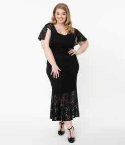 Ains & Elke StyleHaus Plus Size Vintage Style Black Lace Rapture Wiggle Dress