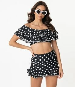 Swimwear Unique Vintage Black & White Polka Dot Off Shoulder Myrtle Swim Top
