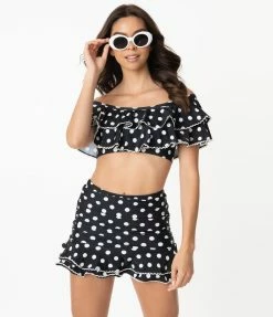 Swimwear Unique Vintage Black & White Polka Dot Off Shoulder Myrtle Swim Top