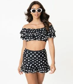 Swimwear Unique Vintage Black & White Polka Dot Off Shoulder Myrtle Swim Top