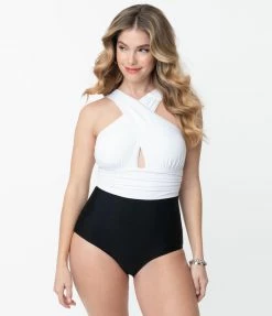 Unique Vintage Black & White Colorblock Halter Hampton Swimsuit Swimwear