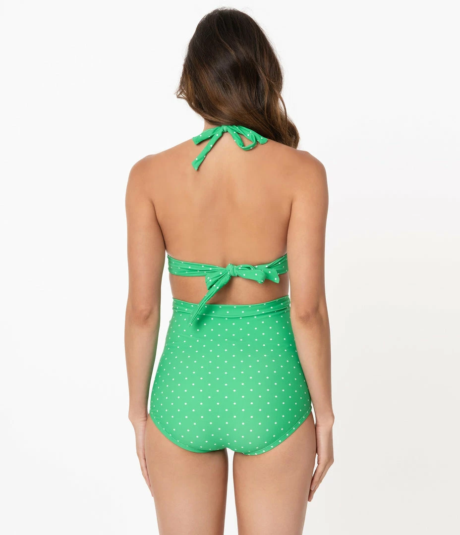 Unique Vintage Green & White Pin Dot Monroe Halter Swim Top