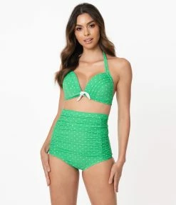Unique Vintage Green & White Pin Dot Monroe Halter Swim Top