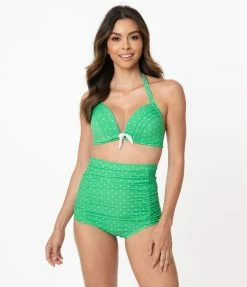 Unique Vintage Green & White Pin Dot Monroe Halter Swim Top