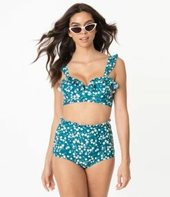 Unique Vintage Teal & White Floral Print Southampton Swim Top