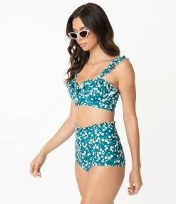 Unique Vintage Teal & White Floral Print Southampton Swim Top