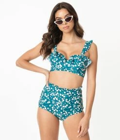 Unique Vintage Teal & White Floral Print Southampton Swim Top