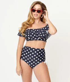 Unique Vintage Navy & White Polka Dot Provincetown Swim Bottom Swimwear