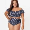 Swimwear Unique Vintage Plus Size Navy & White Polka Dot Provincetown Swim Bottom