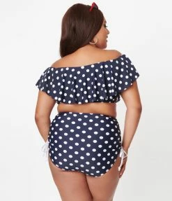 Swimwear Unique Vintage Plus Size Navy & White Polka Dot Provincetown Swim Bottom