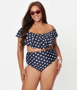 Swimwear Unique Vintage Plus Size Navy & White Polka Dot Provincetown Swim Bottom
