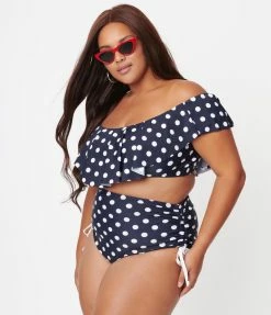 Swimwear Unique Vintage Plus Size Navy & White Polka Dot Provincetown Swim Bottom