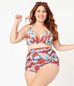 Unique Vintage Plus Size Tropical Print & Red Hibiscus Monroe Halter Swim Top