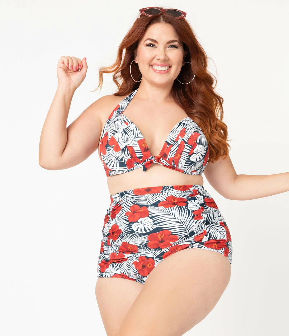 Unique Vintage Plus Size Tropical Print & Red Hibiscus Monroe Halter Swim Top