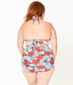 Unique Vintage Plus Size Tropical Print & Red Hibiscus Monroe Halter Swim Top