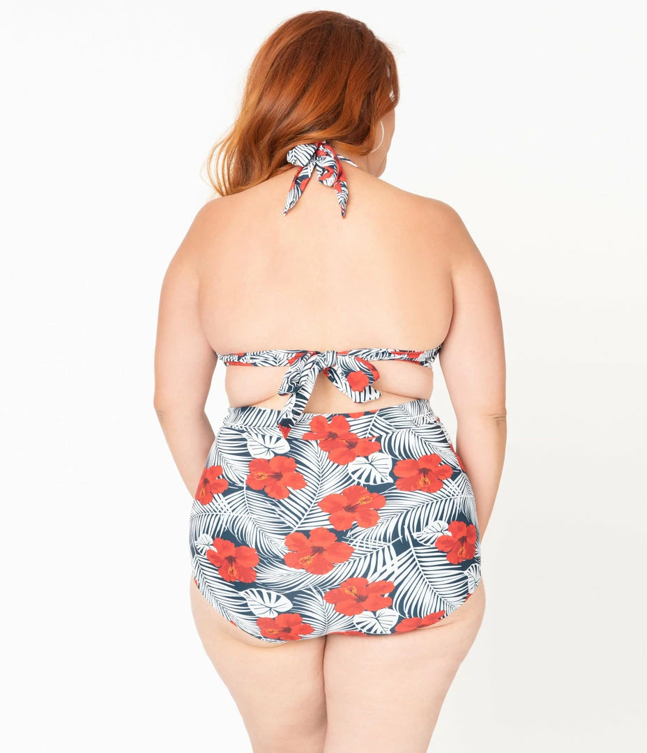 Unique Vintage Plus Size Tropical Print & Red Hibiscus Monroe Halter Swim Top