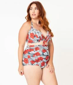 Unique Vintage Plus Size Tropical Print & Red Hibiscus Monroe Halter Swim Top