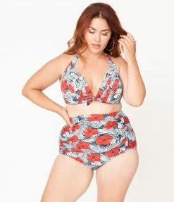 Unique Vintage Plus Size Tropical Print & Red Hibiscus Monroe Halter Swim Top