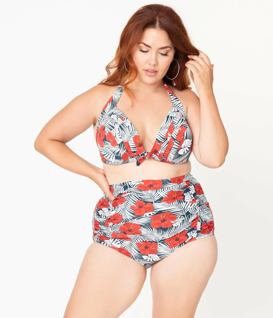 Unique Vintage Plus Size Tropical Print & Red Hibiscus Monroe Halter Swim Top