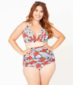 Unique Vintage Plus Size Tropical Print & Red Hibiscus Monroe Halter Swim Top