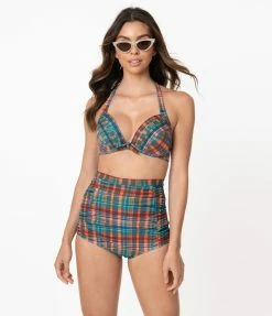Swimwear Unique Vintage Madras Plaid Monroe Halter Swim Top