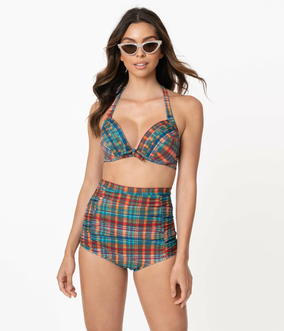 Swimwear Unique Vintage Madras Plaid Monroe Halter Swim Top