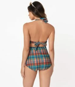 Swimwear Unique Vintage Madras Plaid Monroe Halter Swim Top