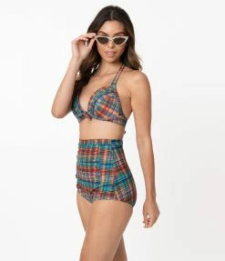 Swimwear Unique Vintage Madras Plaid Monroe Halter Swim Top