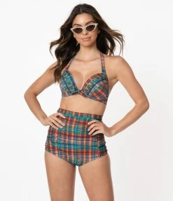 Swimwear Unique Vintage Madras Plaid Monroe Halter Swim Top