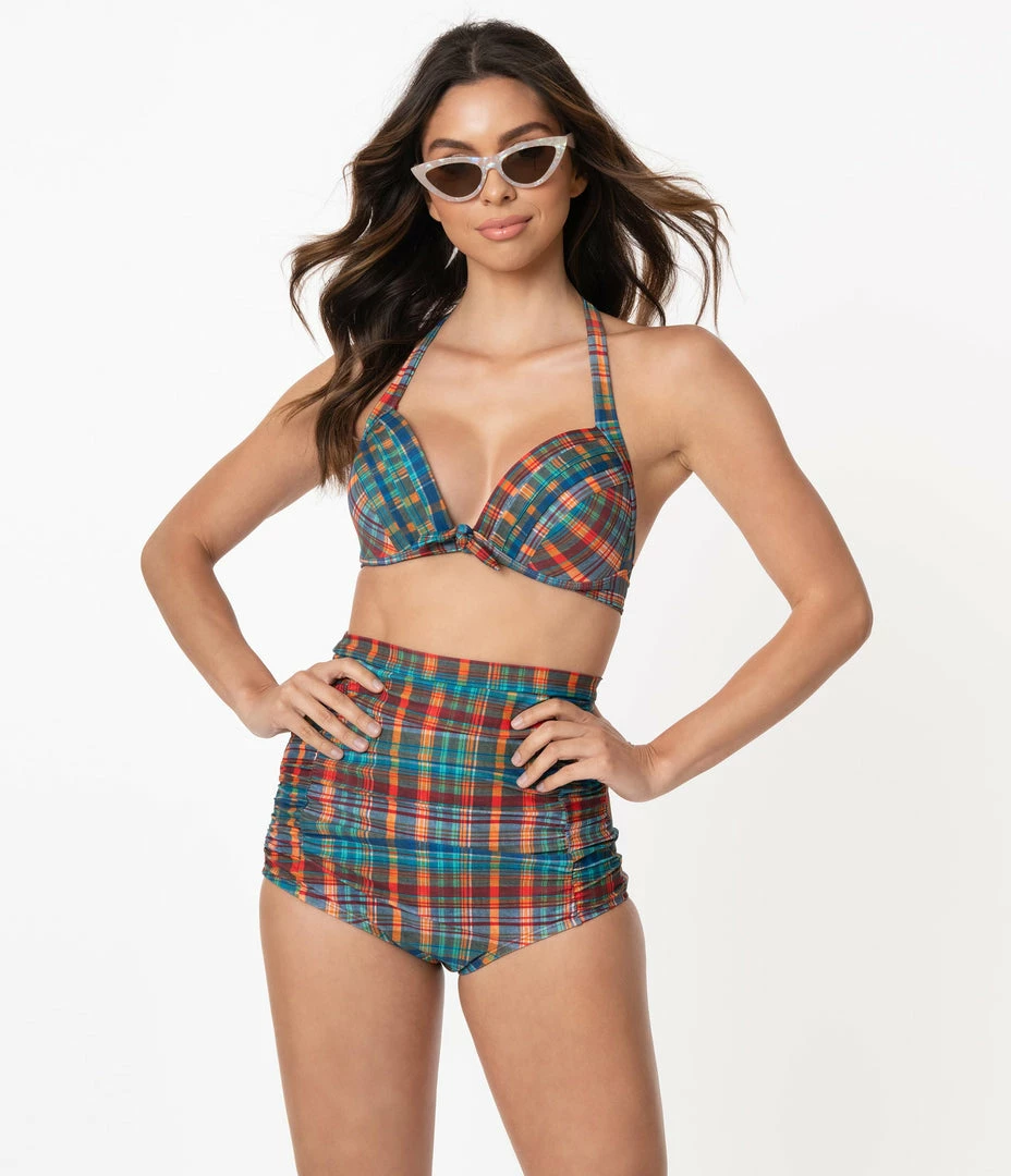 Swimwear Unique Vintage Madras Plaid Monroe Halter Swim Top